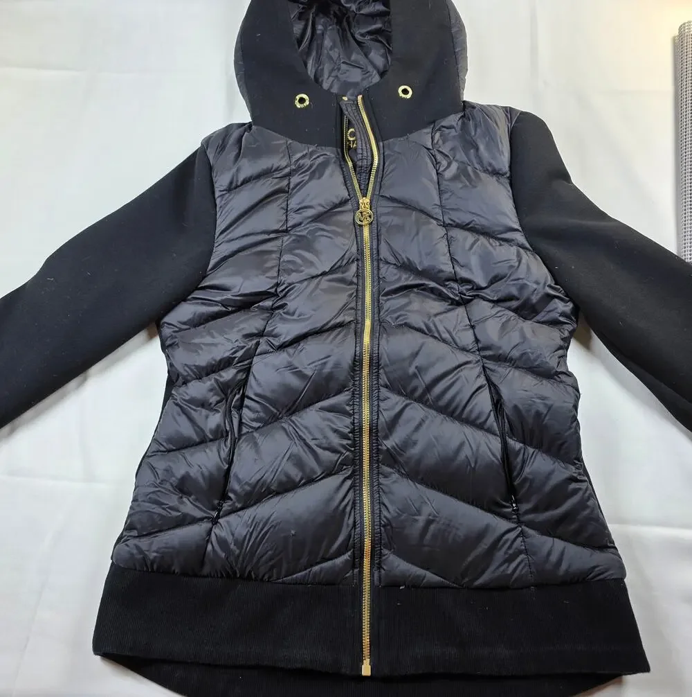 Michael Kors women's black hooded puffer jacket with gold-tone hardware Size S